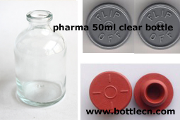 50ml glass bottles with 20mm butyl rubber stopper red and 20mm flip off cap gray