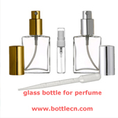 2 oz 60ml square flat glass atomizer spray bottle mist with shiny gold or silver cap and pipette